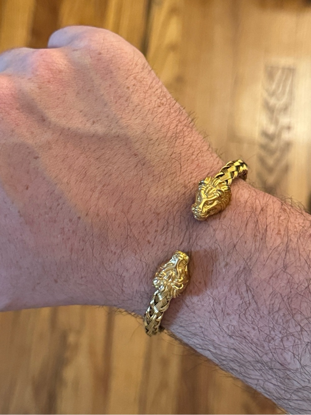 Gold over Stainless Steel Lion Head Cuff Bracelet Fits Large Wrist Great Piece